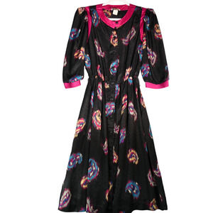 Vintage Robbie Bee Midi Dress Womens 7 or 8 Black Pink Paisly Artsy Shoulder Pad